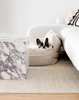 Dog lying in a cozy pet bed next to a marble side table in a living room.