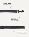 Black denim dog leash close-up, Le Noof