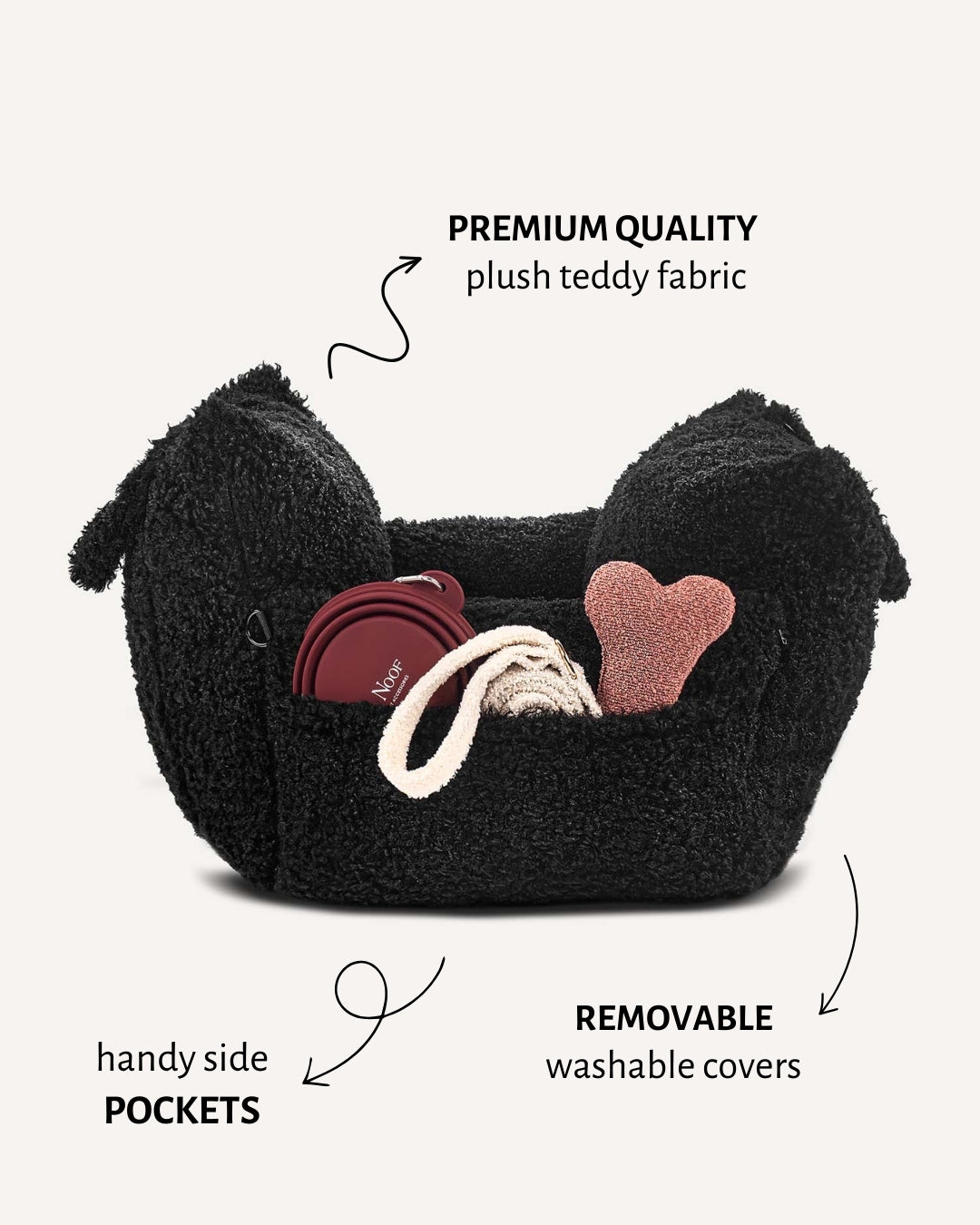 Black teddy travel car dog bed with pockets, Le Noof