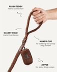 Brown teddy dog leash with poop bag holder, Le Noof