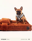 French Bulldog resting on a tan brown flannel orthopedic dog bed, size Medium, Le Noof