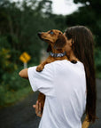 Modern Geometric Print collar with owner in white t shirt
