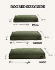Green boucle rectangle dog beds in 3 sizes with measurements