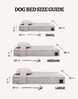 Grey corduroy orthopedic dog bed in 3 sizes with measurements