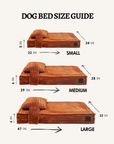 Orange flannel orthoepdic dog beds in 3 sizes with measurements