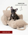 Beige teddy travel car dog bed with a French Bulldog, Le Noof