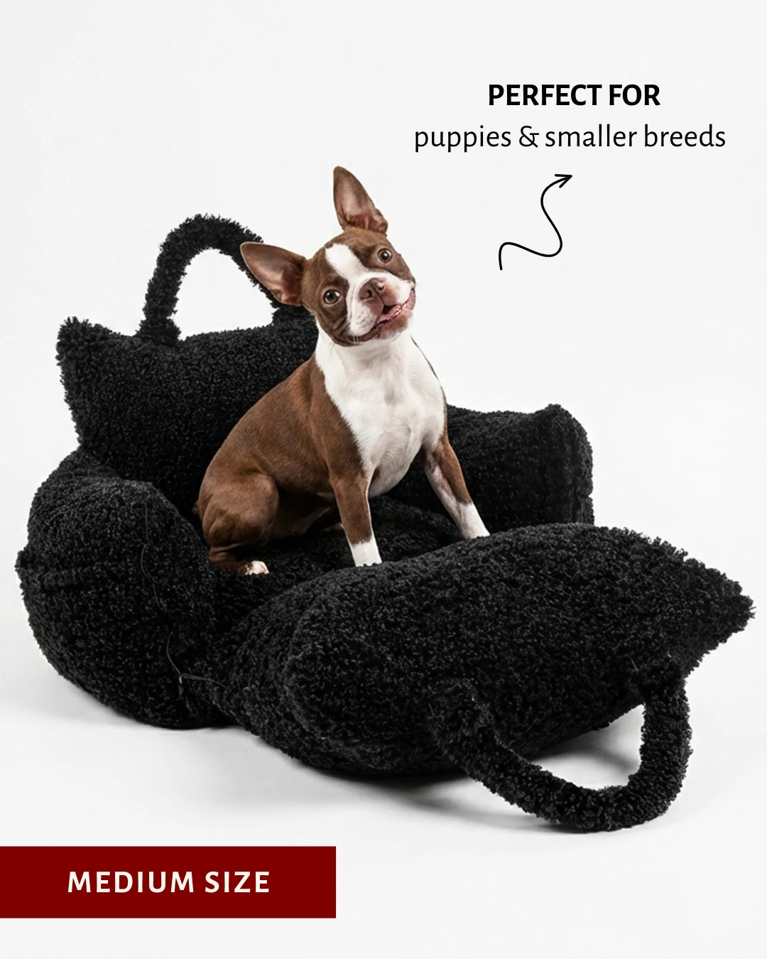 Black teddy travel car dog bed with a Boston Terrier, Le Noof