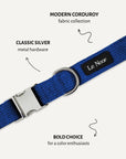 Blue corduroy dog collar close-up, Le Noof