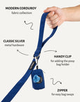 Blue corduroy dog leash with poop bag holder, Le Noof