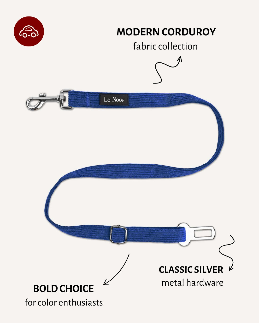 Blue corduroy dog seatbelt, Le Noof