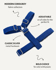 Blue corduroy step-in dog harness, Le Noof
