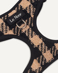 Brown checkered dog harness with Le Noof logo super closeup