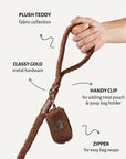 Brown teddy dog leash with poop bag holder, Le Noof