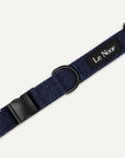 Dark blue denim dog collar close up image with Le Noof logo