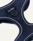 Dark blue denim dog harness with Le Noof logo super closeup