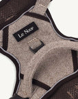 dark brown cotton dog harness with Le Noof logo super closeup