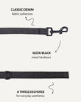 Black denim dog leash close-up, Le Noof