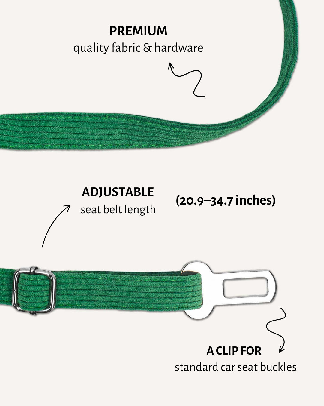 Kelly green corduroy dog seatbelt, Le Noof