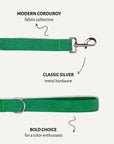 Kelly green corduroy dog leash close-up, Le Noof