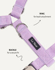 Lavender corduroy step-in dog harness close-up, Le Noof