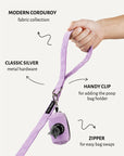 Lavender corduroy dog leash with poop bag holder, Le Noof