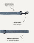 Light blue denim dog leash close-up, Le Noof