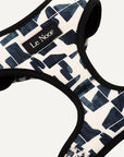Modern geometric print dog harness with Le Noof logo super closeup