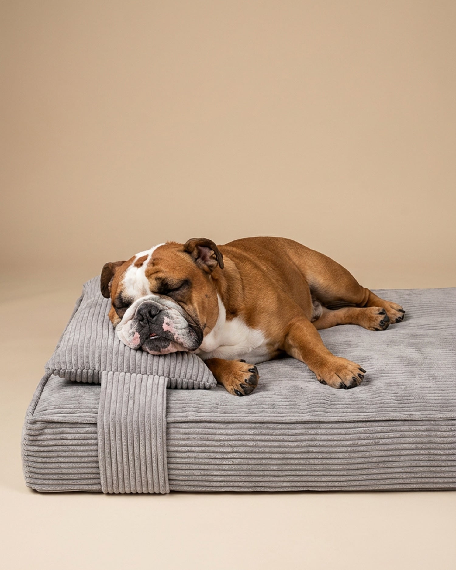 Grey corduroy orthopedic dog bed with an English bulldog, Le Noof