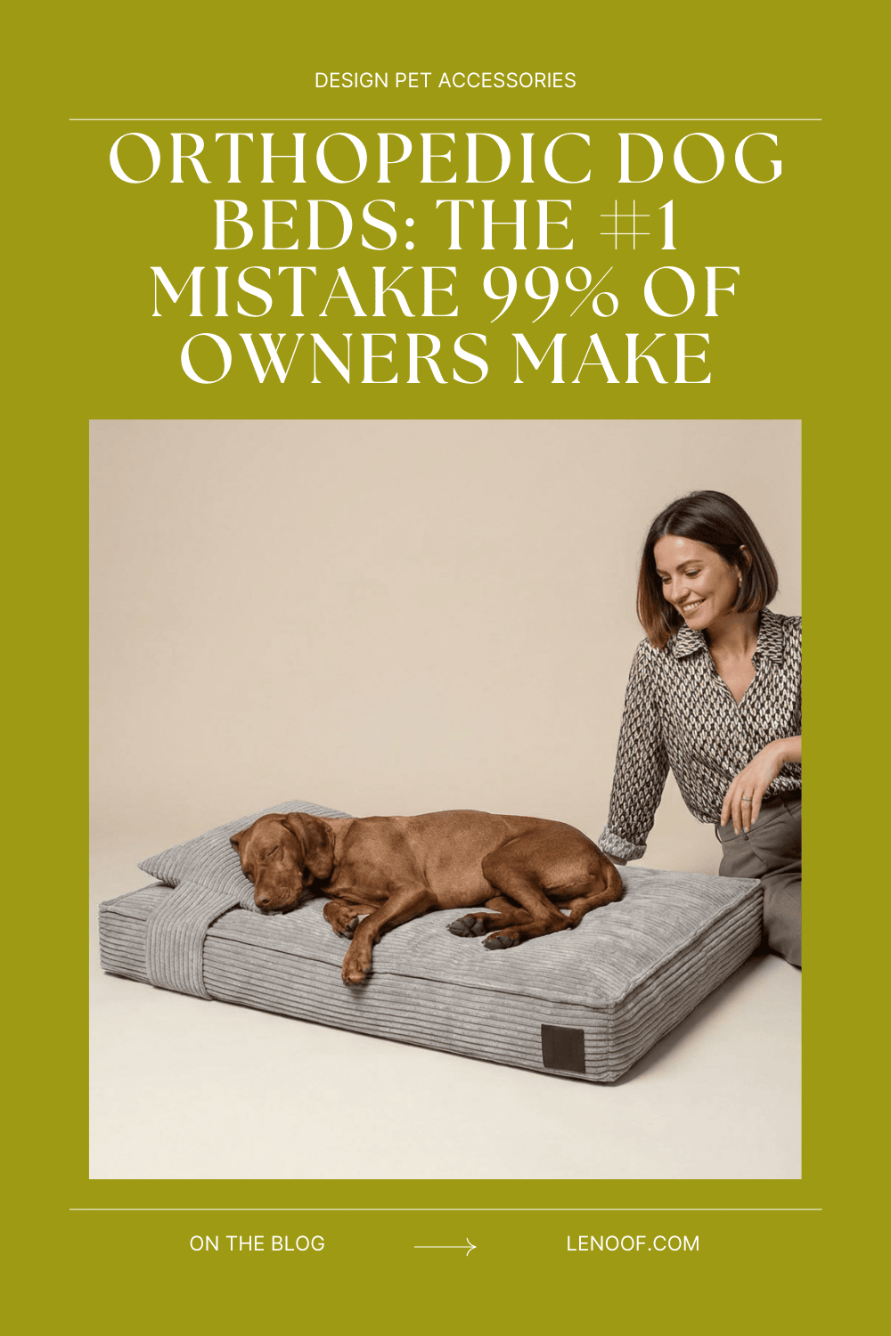 Orthopedic Dog Beds: The #1 Mistake 99% of Owners Make blog cover photo with large brown dog sleeping on grey corduroy dog bed from Le Noof