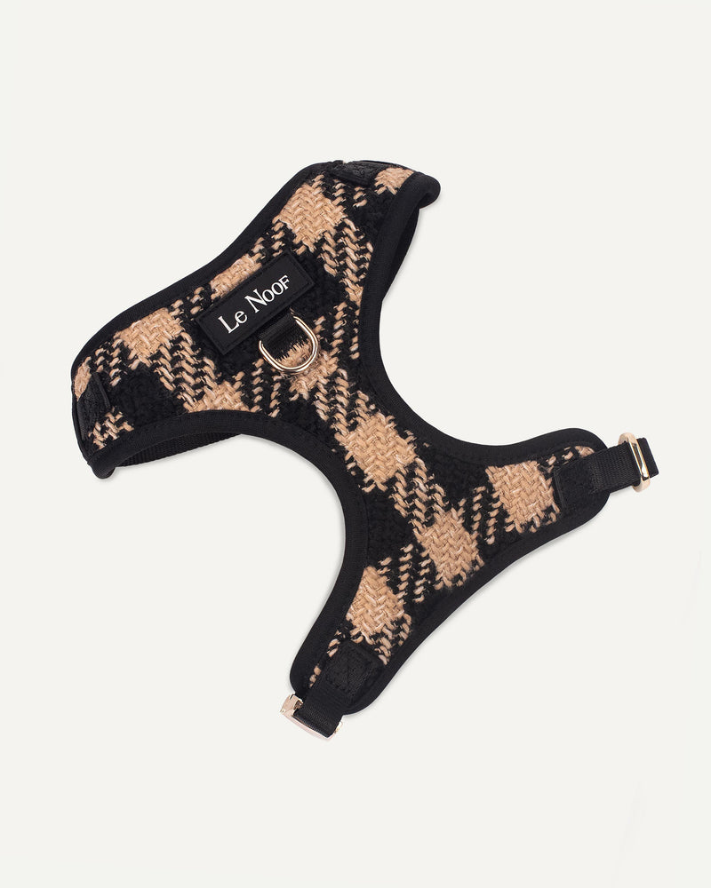 Brown checkered adjustable dog harness made by Le Noof
