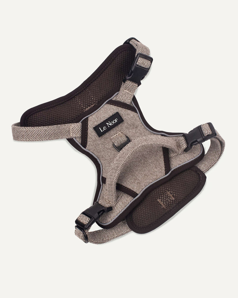 Brown cotton Le Noof dog harness with handle on the back