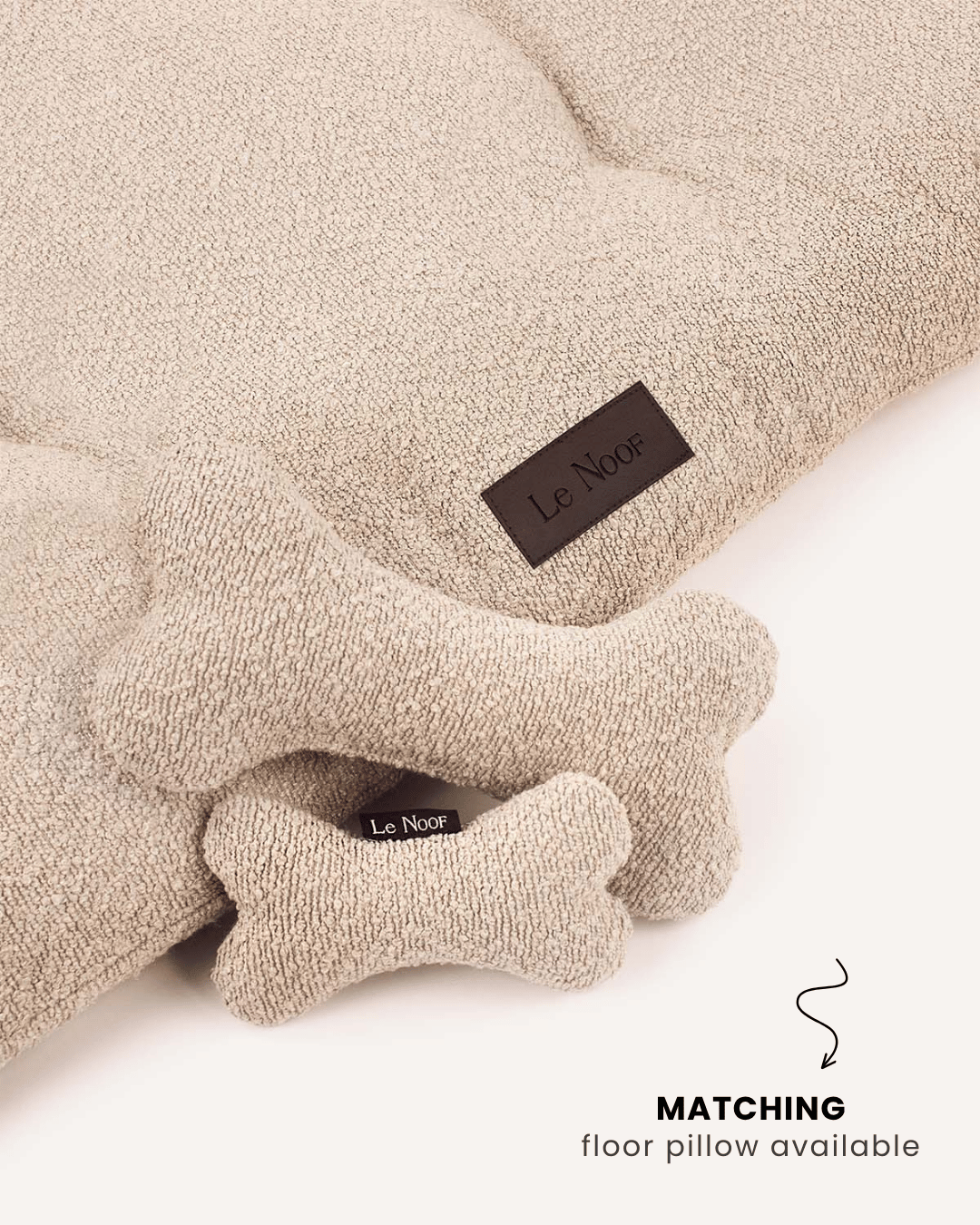 Beige boucle bone dog toy with matching dog bed, Le Noof