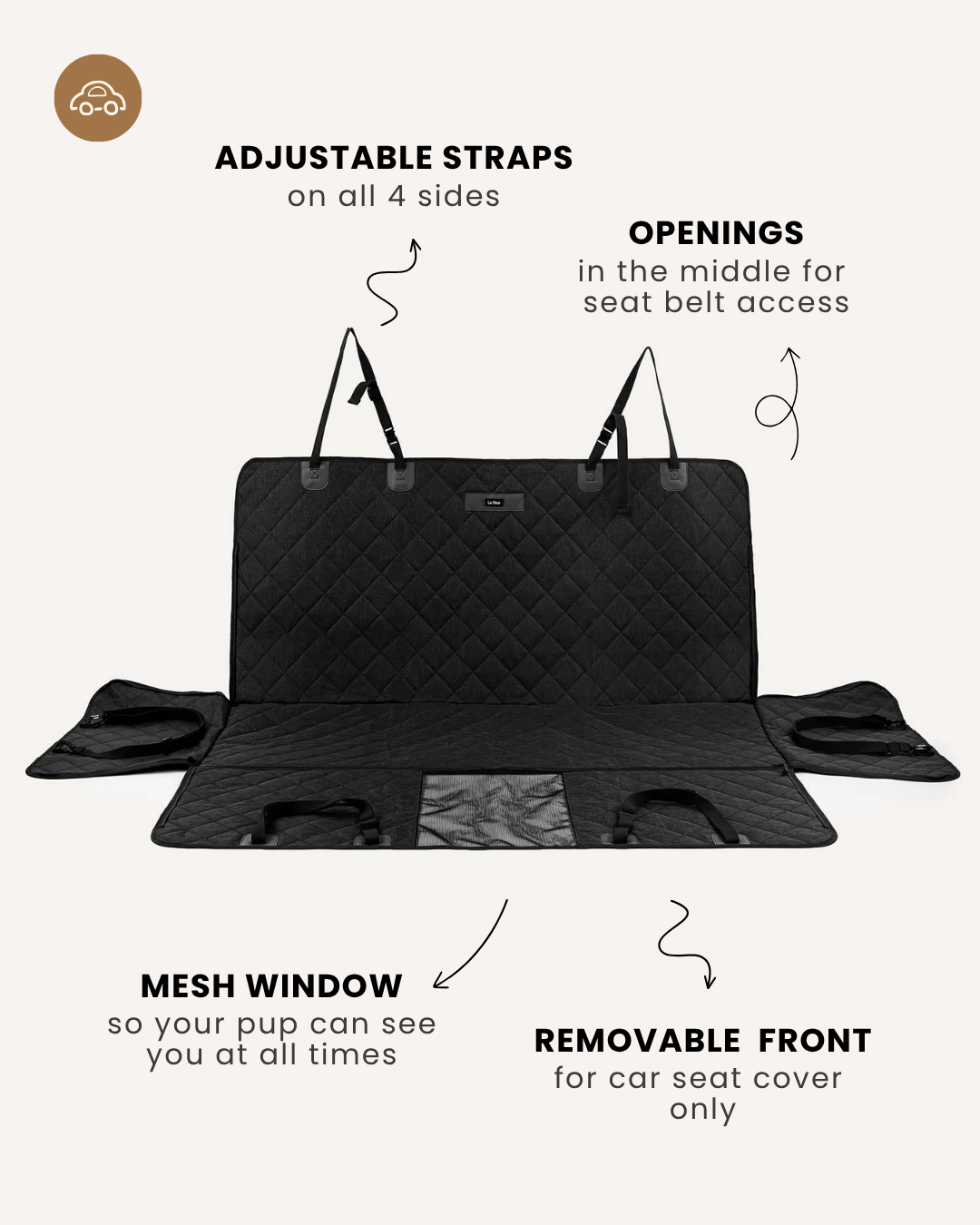 Black waterproof dog car seat cover, Le Noof