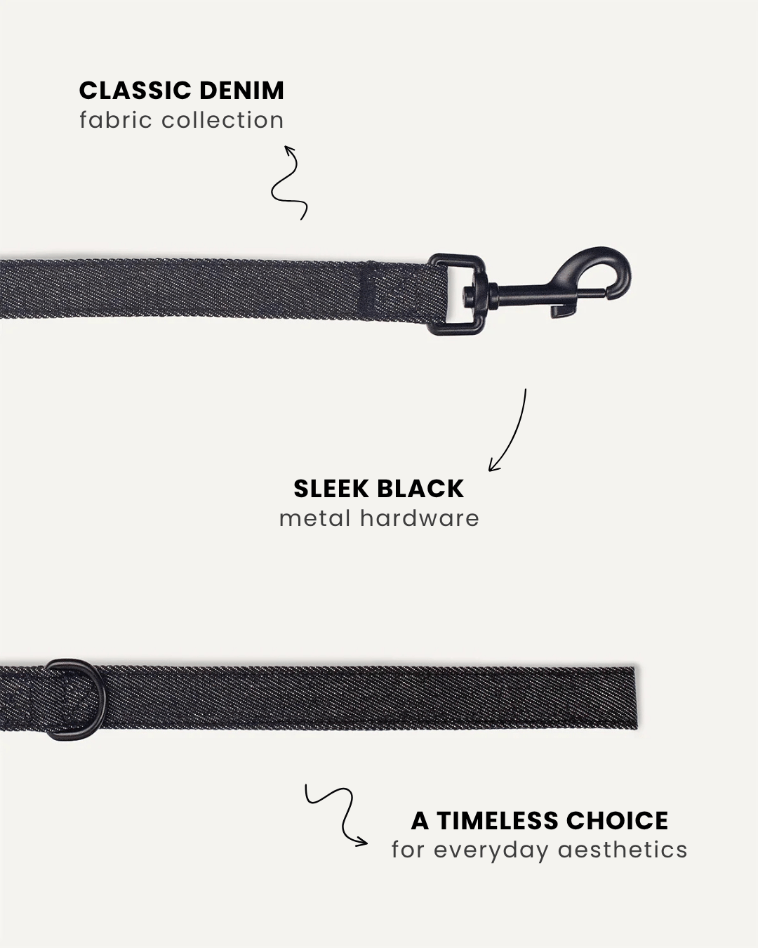 Black denim dog leash close-up, Le Noof