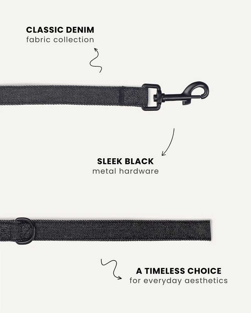 Black denim dog leash close-up, Le Noof