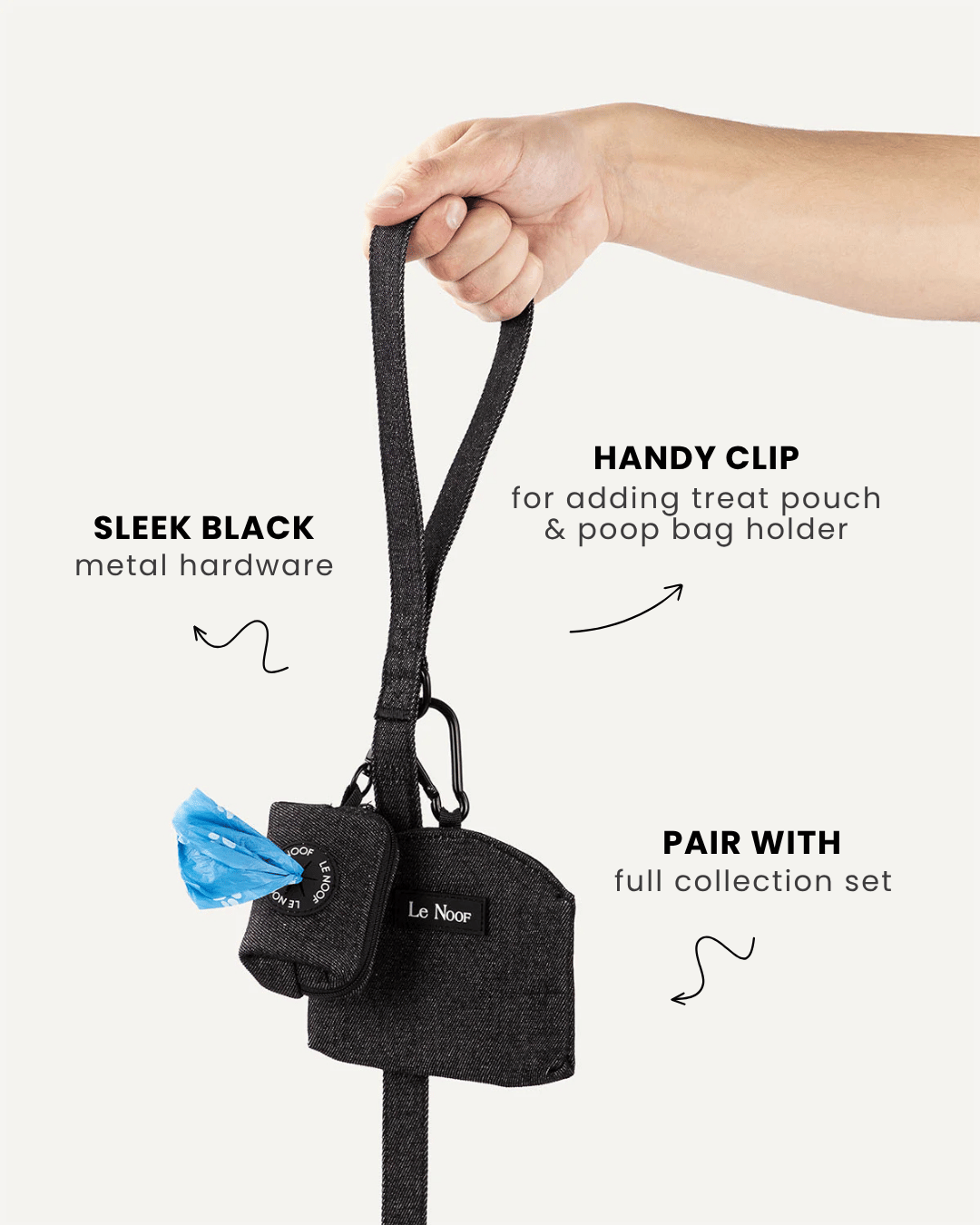 Black denim dog leash with treat pouch and poop bag holder, Le Noof