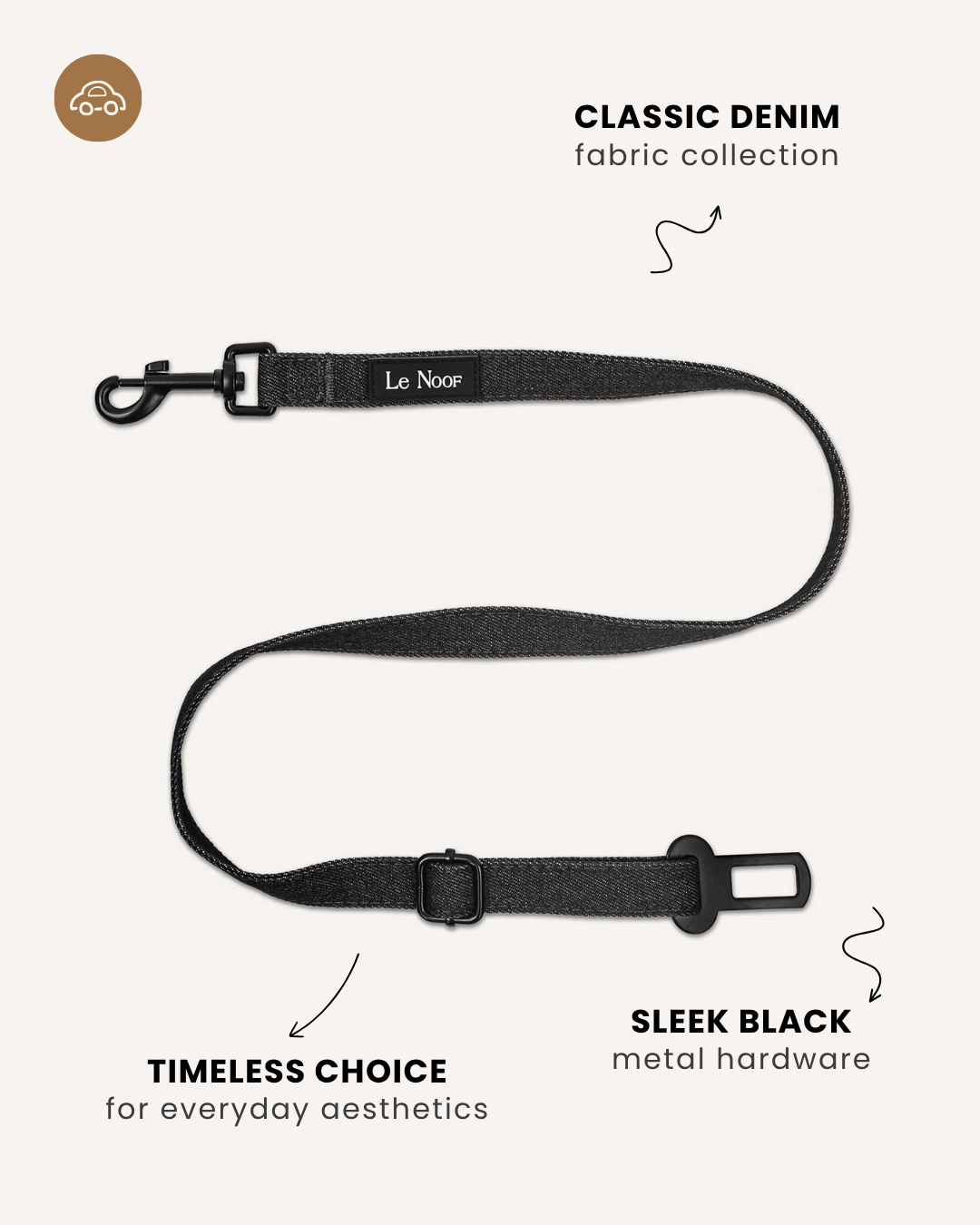 Black denim dog seatbelt, Le Noof