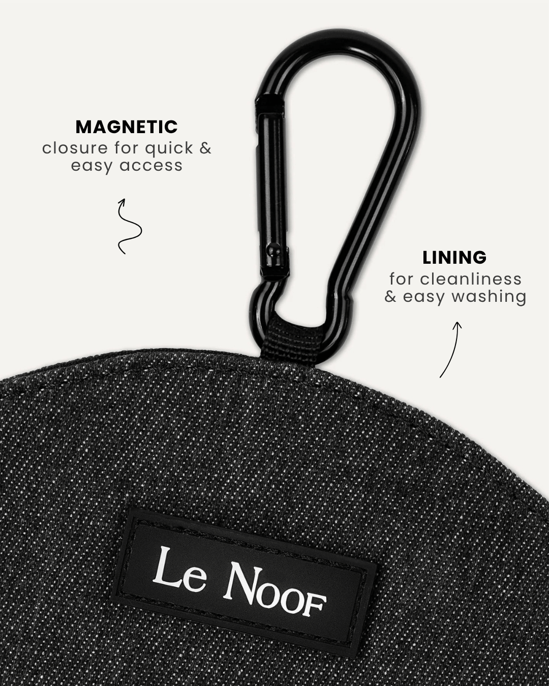 Black denim dog treat pouch close-up, Le Noof