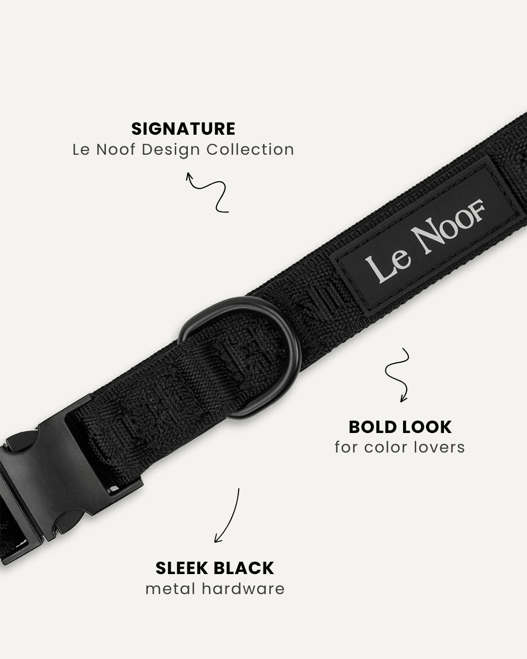 Black jacquard dog collar close-up, Le Noof