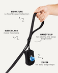 Black jacquard dog leash with poop bag holder, Le Noof