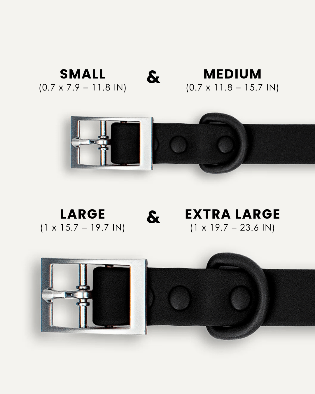 Black waterproof dog collar size comparison, Le Noof