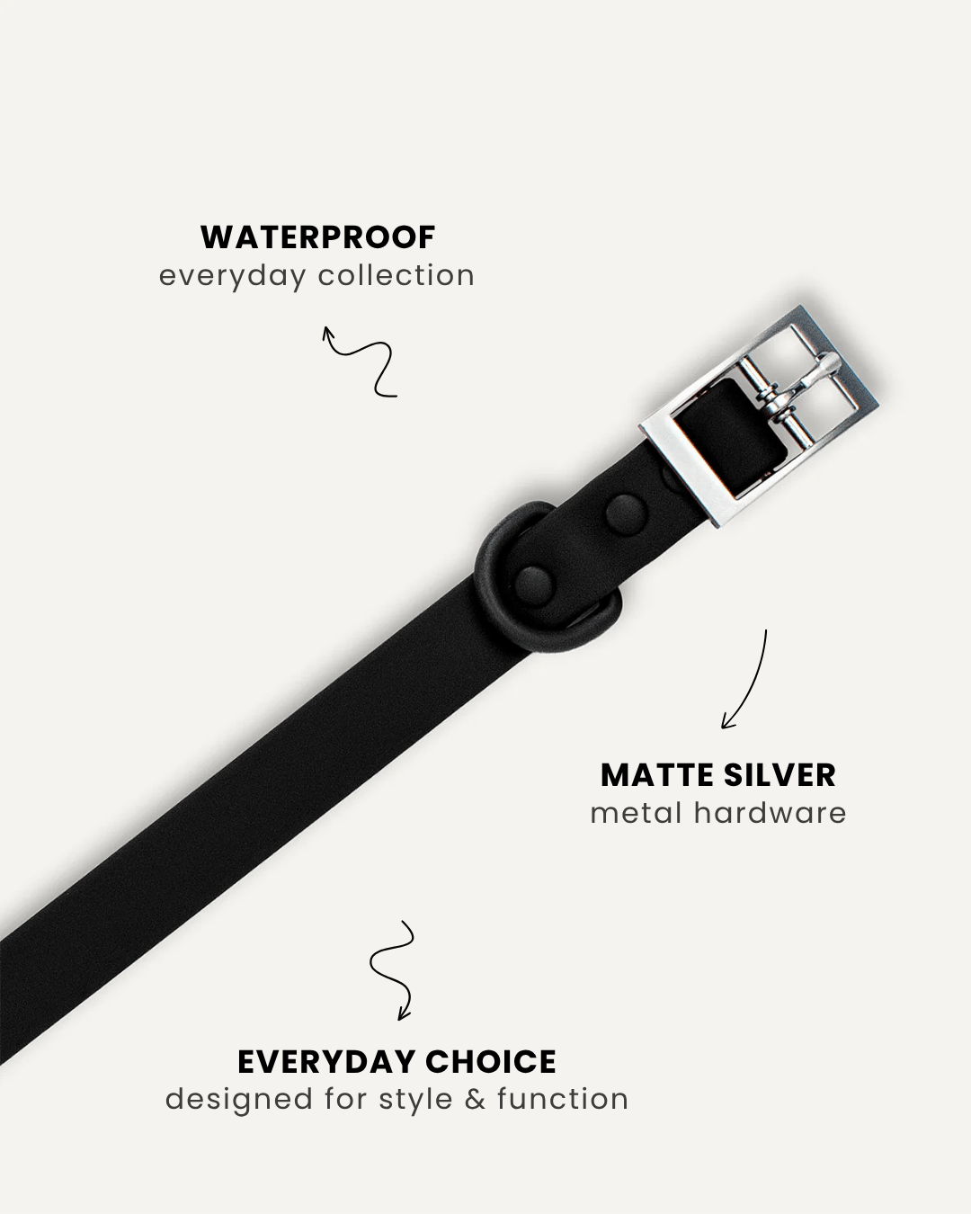 Black waterproof dog collar close-up, Le Noof