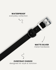 Black waterproof dog collar close-up, Le Noof