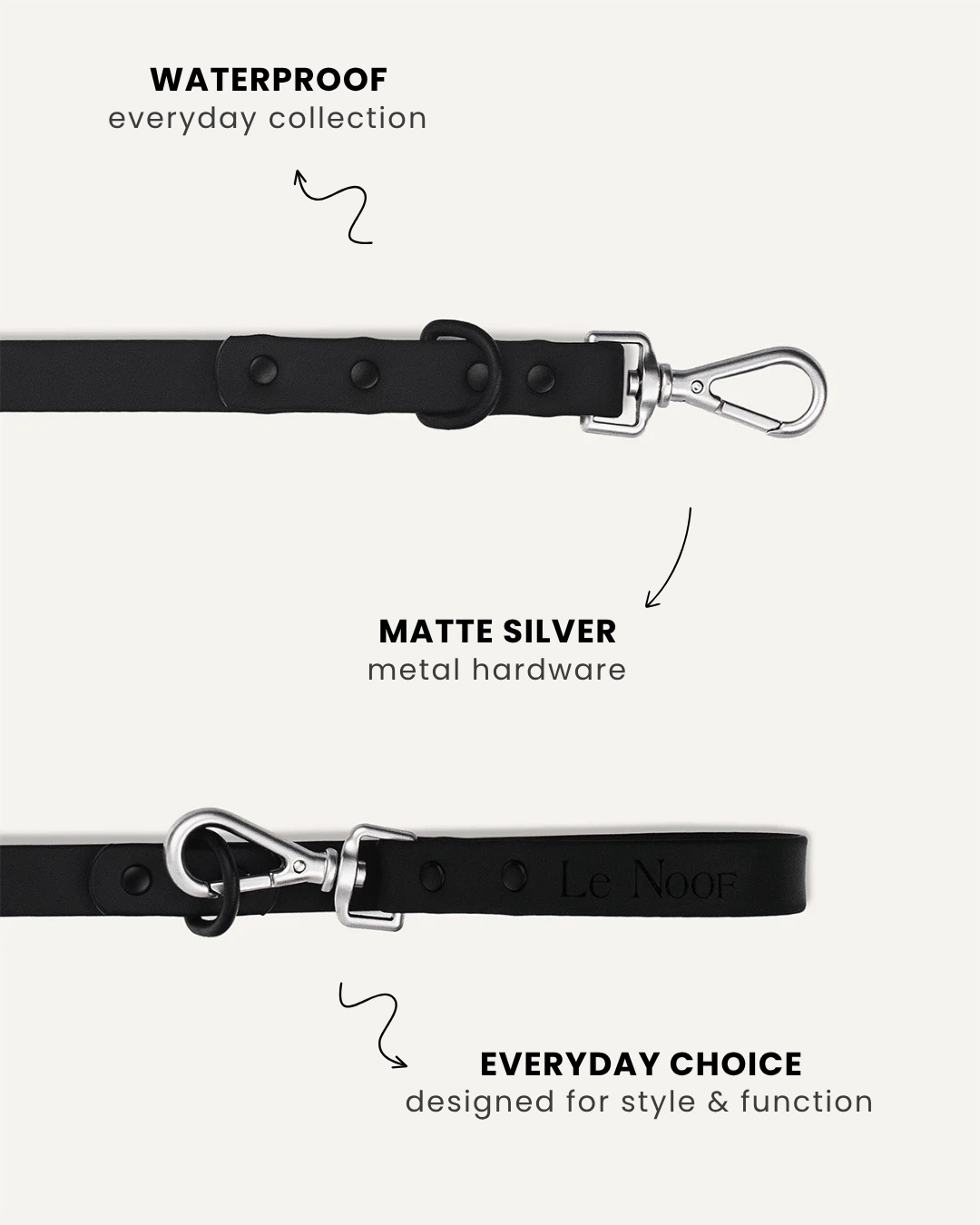 Black waterproof dog leash close-up, Le Noof