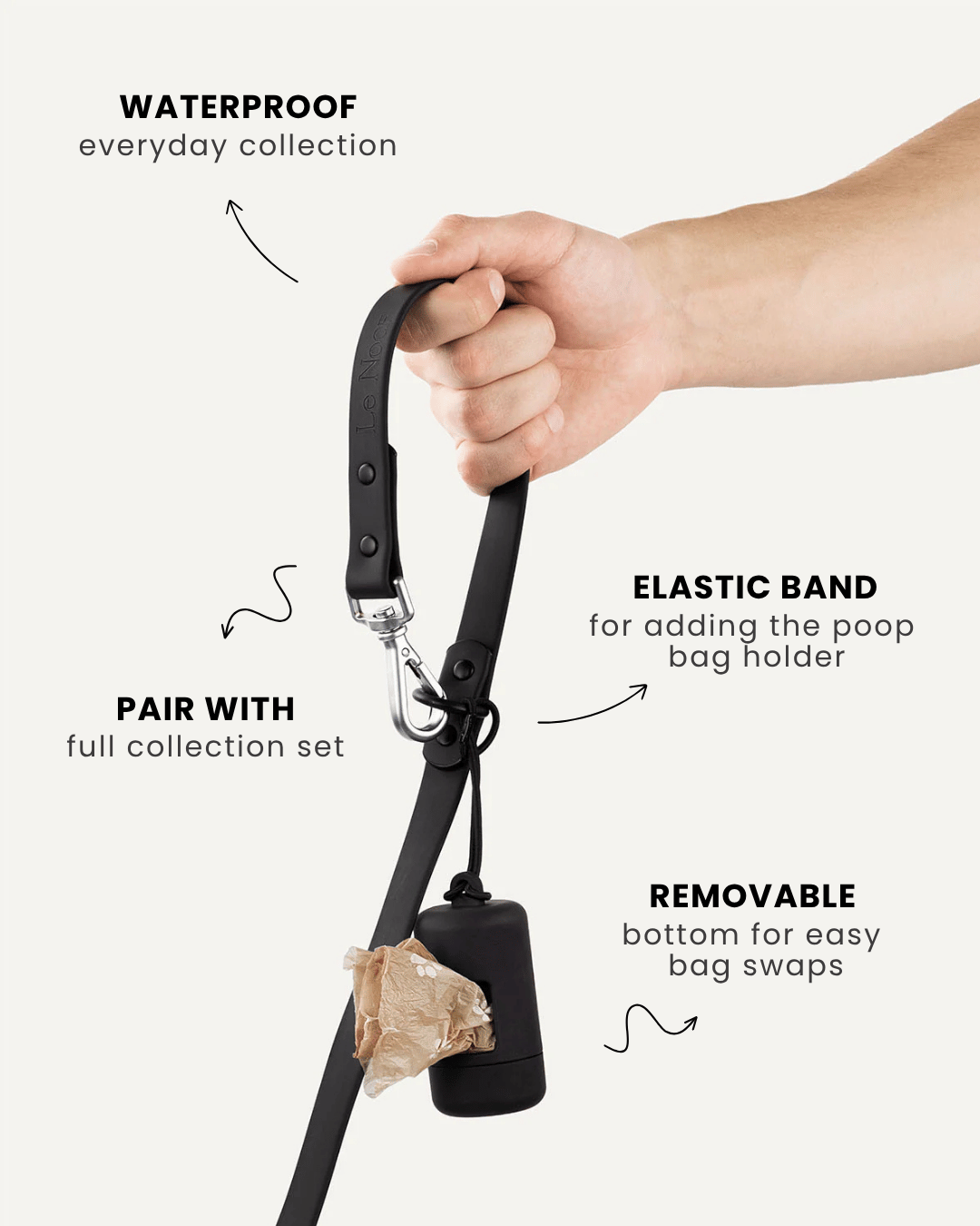Black waterproof dog leash with poop bag holder, Le Noof