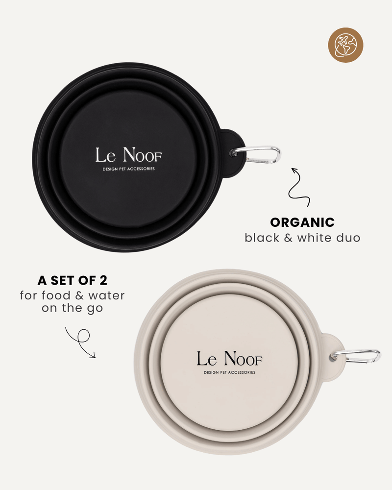 Black & Off White collapsible bowls with features mentioned