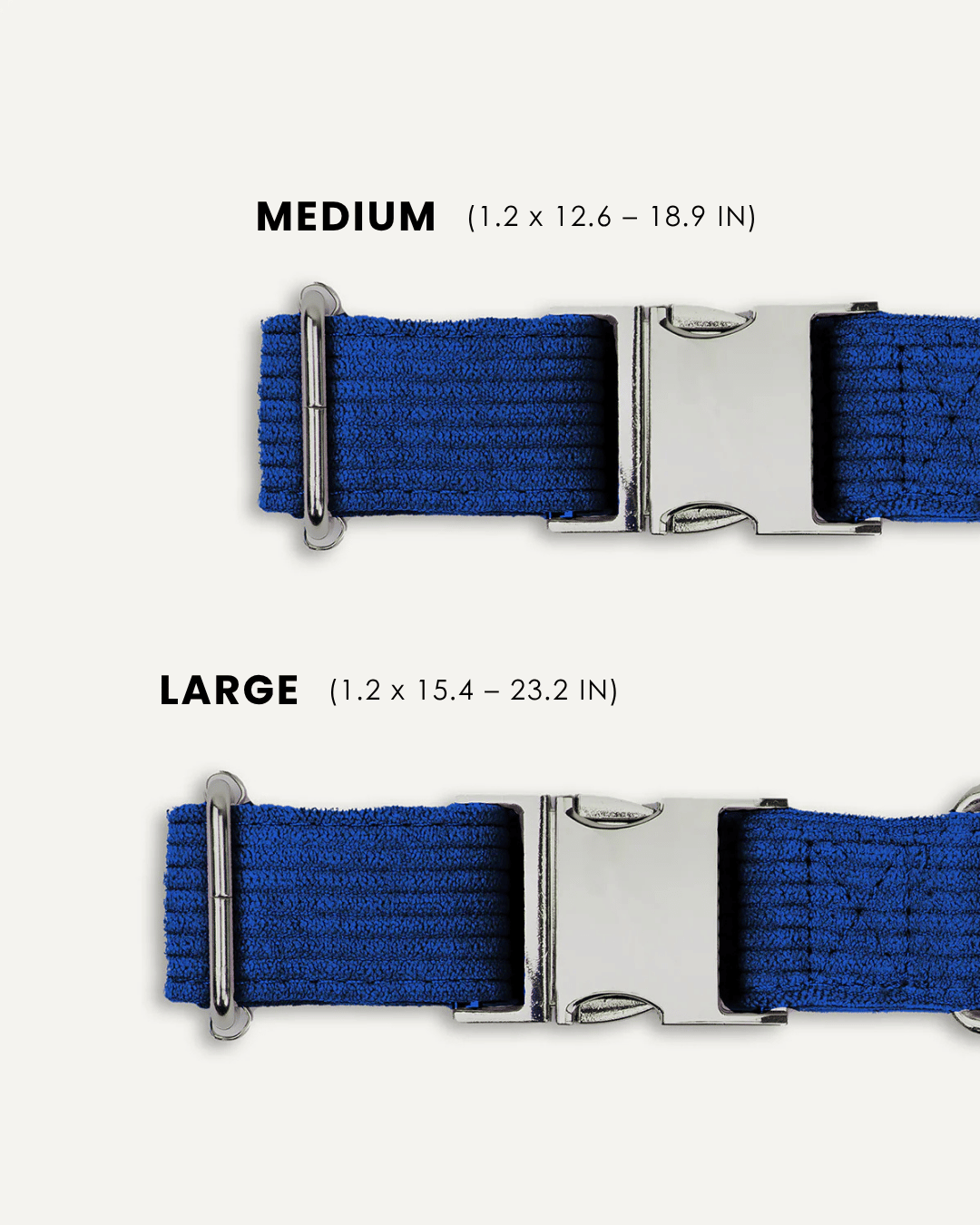 Blue corduroy dog collar size comparison, Le Noof