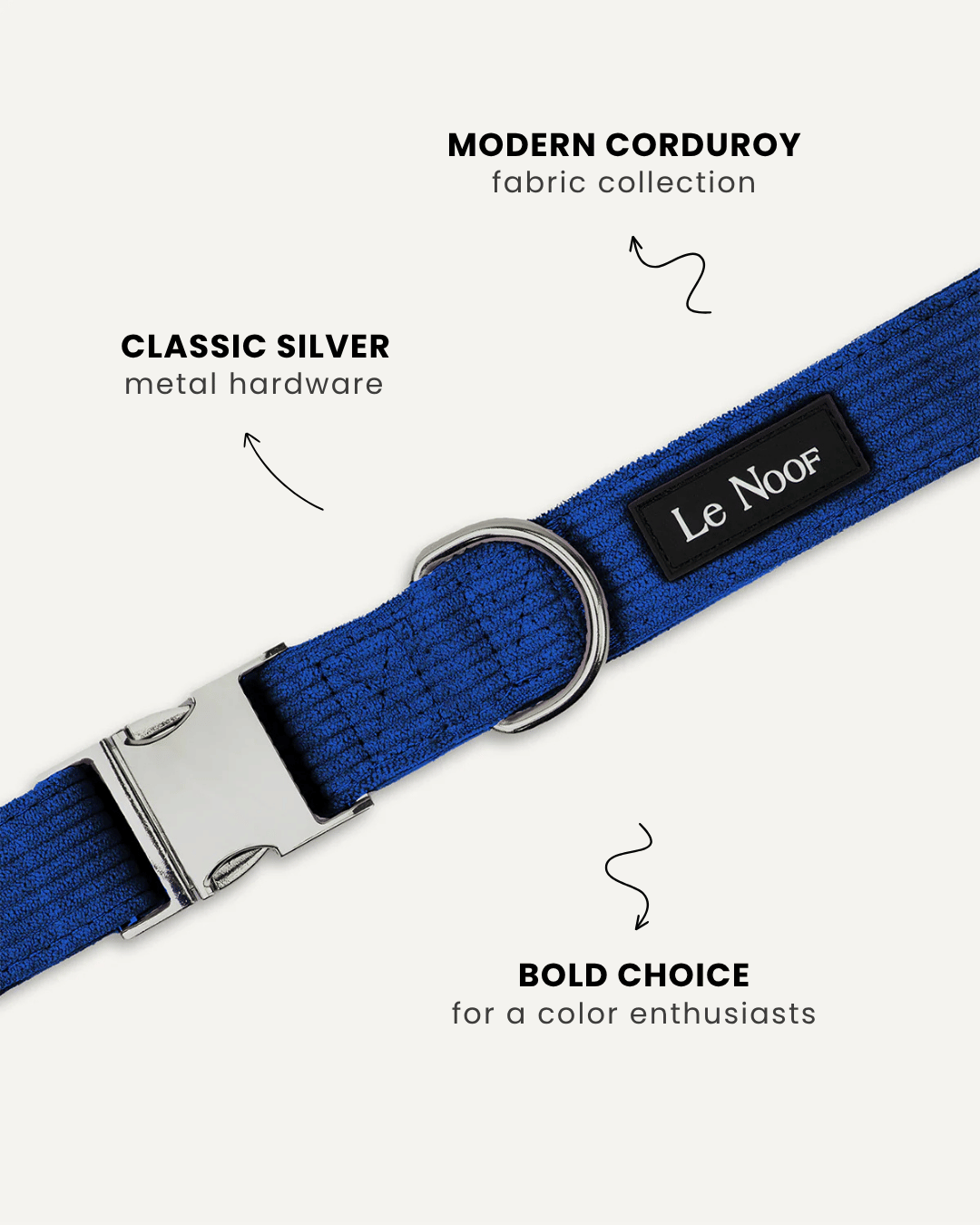 Blue corduroy dog collar close-up, Le Noof