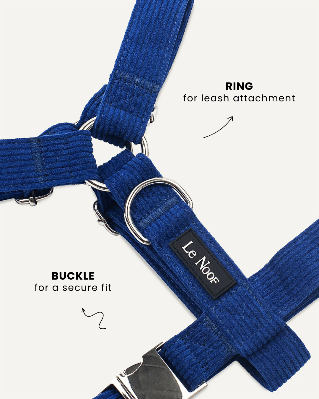 Blue corduroy step-in dog harness close-up, Le Noof