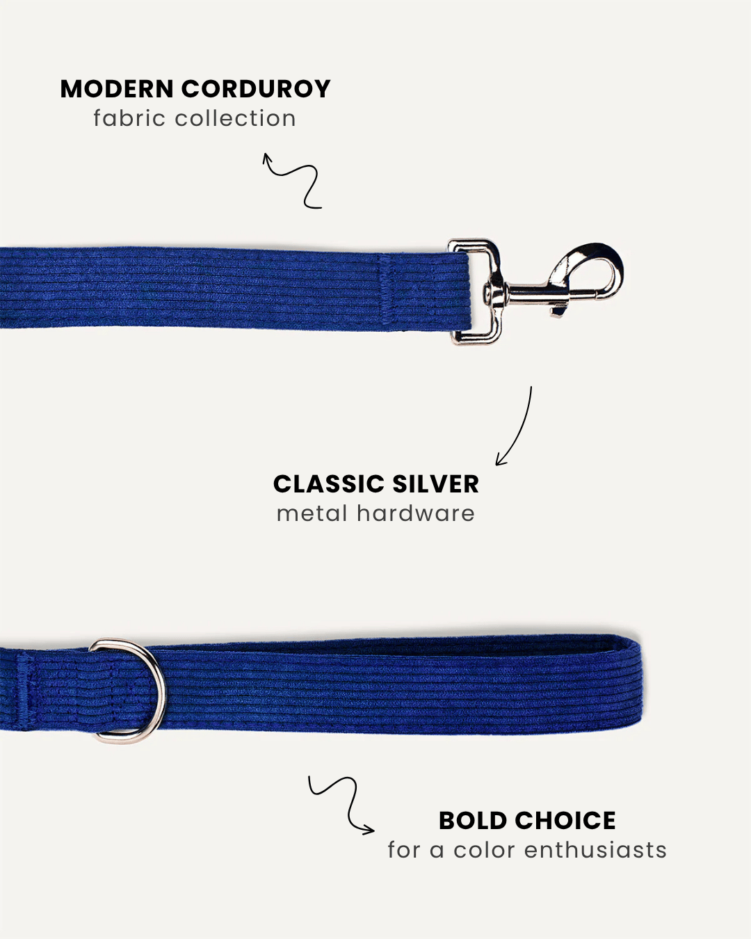 Blue corduroy dog leash close-up, Le Noof